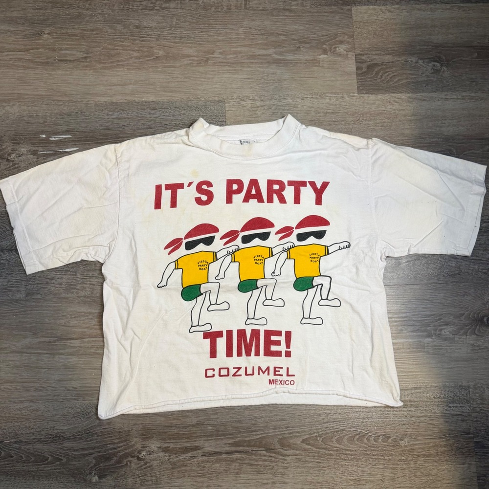 Vintage 90s Cozumel Mexico Fiesta Party Boat T-Shirt White Large Cropped Boxy